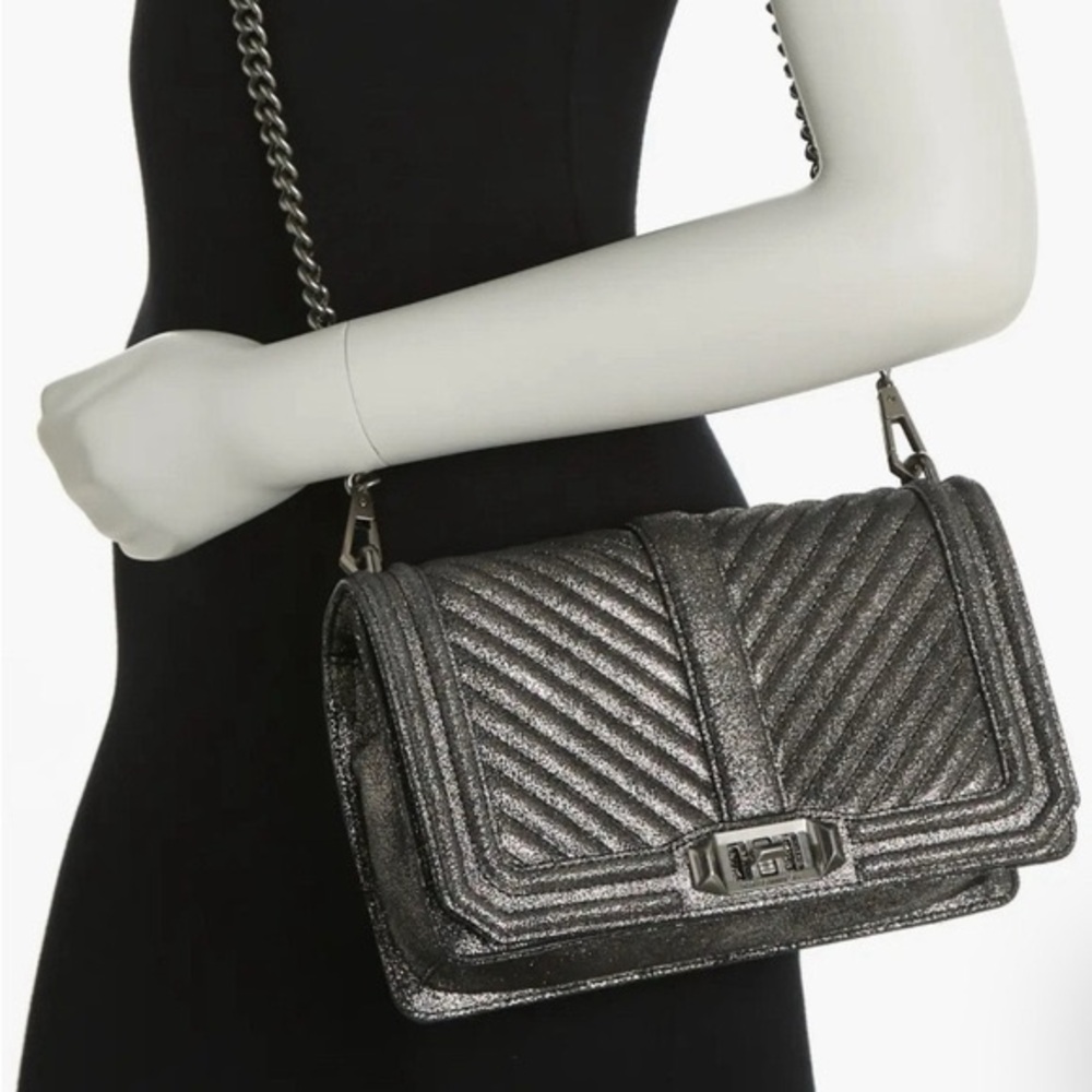 Rebecca Minkoff Metallic Chevron Quilted Love Crossbody Leather Bag in Gunmetal